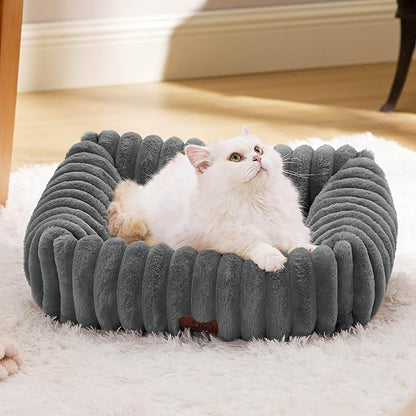 Bedsure ComfyFleece Cute Dog Bed for Small Dogs & Cats - Washable Furry Puppy Beds, Rectangle Orthopedic Corduroy Fleece Pet Beds with Removable Zipper Cover, 20x19x6inches, Warm Grey