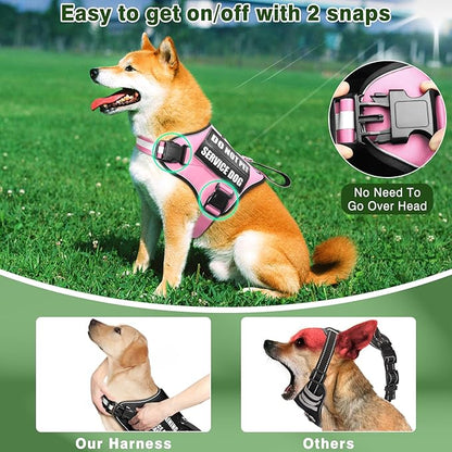 Service Dog Vest Harness and Leash Set+10 Patches,No Pull&Easy Walk Reflective Dog Harness with Soft Padded Handle for Training/Everyday,Fit Small/Medium/Large/Extra-Large Dogs (Pink XL)