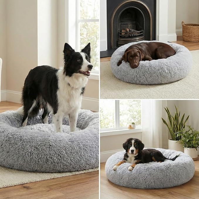 WisQoo Calming Donut Pet Bed – Plush & Supportive Round Bed with Extra Filling for Comfort – Removable Cover & Water-Resistant Liner – Cozy, Fluffy Nest for Dogs & Cats (Grey, 23" L x 23" W x 8”Th)
