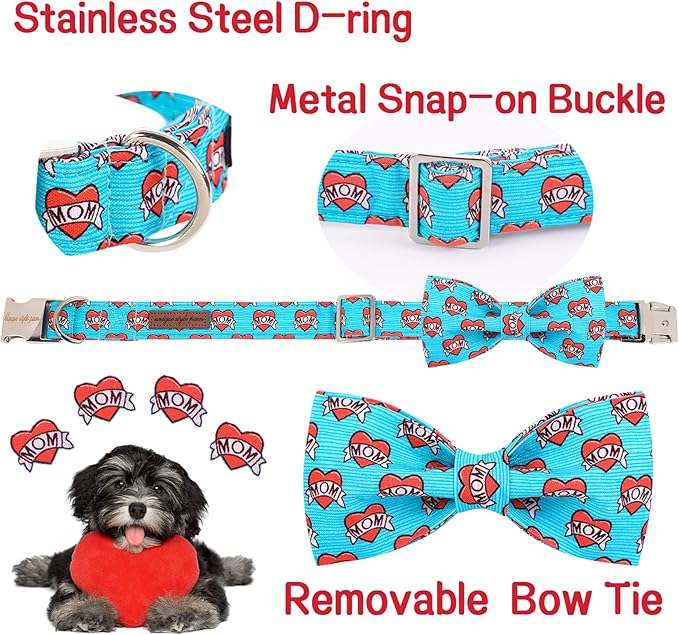 Unique style paws Valentine's Day Dog Collar with Bow Tie Blue Heart Puppy Collar Best Gift for Small Medium Large Boys Girls-S