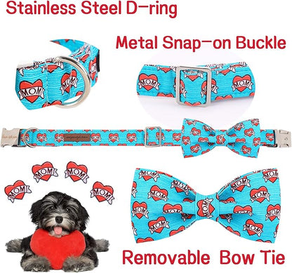 Unique style paws Valentine's Day Dog Collar with Bow Tie Blue Heart Puppy Collar Best Gift for Small Medium Large Boys Girls-M