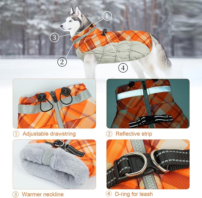 Lelepet Warm Dog Winter Coat Dog Coats for Medium Dogs Waterproof Dogs Jacket with Harness Built in Reflective Cold Weather Coats Windproof Zip-Up Winter Fleece Vest Snowsuit Dachshund Orange Plaid