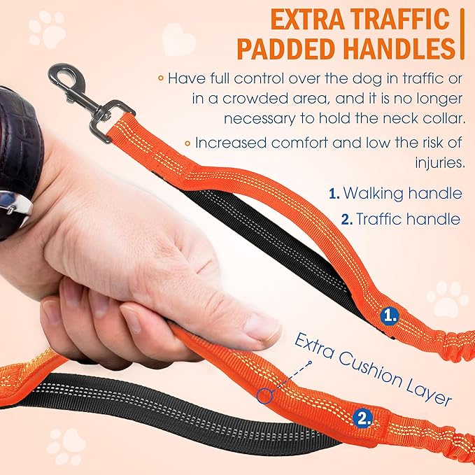 Hands Free Dog Leash with Waist Belt – No-Pull Bungee, Dual Padded Handles & Zipper Pouch for Running, Walking & Training – Adjustable Waist Leash for Large & Medium Dogs (Orange)