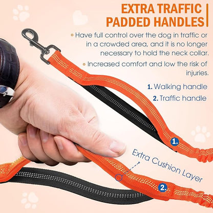 Hands Free Dog Leash with Waist Belt – No-Pull Bungee, Dual Padded Handles & Zipper Pouch for Running, Walking & Training – Adjustable Waist Leash for Large & Medium Dogs (Orange)