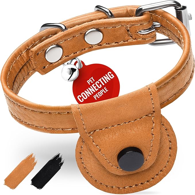 WAUDOG Leather Cat Collar with Airtag Holder, Removable Bell for Small, Medium and Large Breeds Adjustable Long Lasting Classic Kitten Collars Boy & Girl