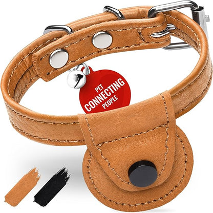 WAUDOG Leather Cat Collar with Airtag Holder, Removable Bell for Small, Medium and Large Breeds Adjustable Long Lasting Classic Kitten Collars Boy & Girl