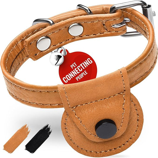 WAUDOG Leather Cat Collar with Airtag Holder, Removable Bell for Small, Medium and Large Breeds Adjustable Long Lasting Classic Kitten Collars Boy & Girl