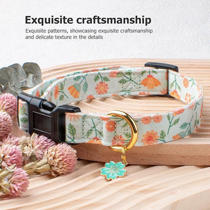 Cotton Handmade Dog Collar Cute and Distinctive Patterns Green Sunflower with Pendant for Girl Boy Dogs Collars L