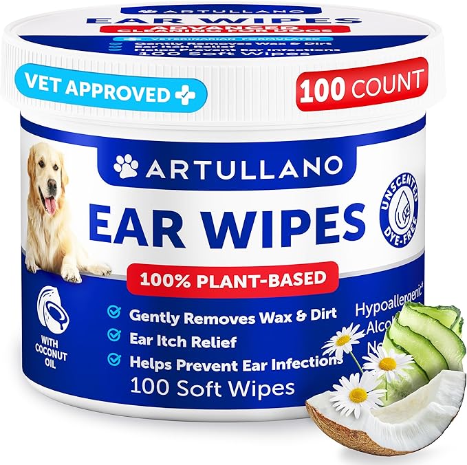 Dog Ear Wipes - 100 ct - Removes Wax and Dirt - Soothing Ear Cleaner Wipes for Dogs, Puppies - 100% Plant Based, Unscented with Coconut Oil - Ear Infection Treatment to Relief Itching & Inflammation