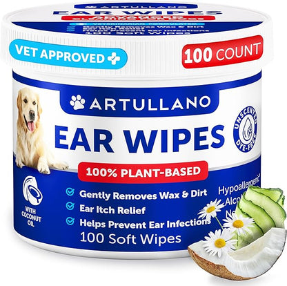 Dog Ear Wipes - 100 ct - Removes Wax and Dirt - Soothing Ear Cleaner Wipes for Dogs, Puppies - 100% Plant Based, Unscented with Coconut Oil - Ear Infection Treatment to Relief Itching & Inflammation