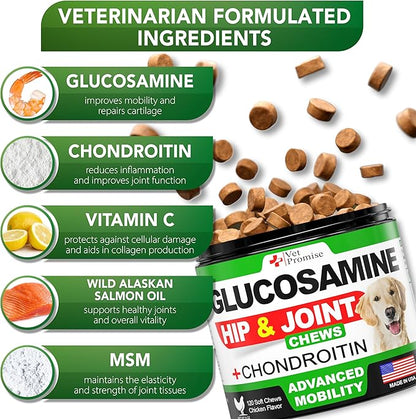 Glucosamine for Dogs - Hip and Joint Supplement for Dogs - Glucosamine Chondroitin - Joint Pain Relief Pills - MSM - Advanced Health Support Supplement - 120 Mobility Chews - Made in USA