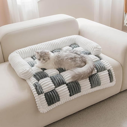 Couch Covers for Dogs and Cats, Fuzzy Dog Sofa bed with Cream Square Plaid, Plush Pet Couch Cover Bed, Thickened Quilted Furniture Protector Mat for Large Medium Pets (Dark Grey 27.56"*27.56")
