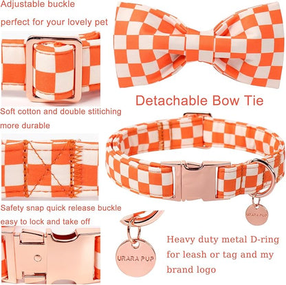 Fall Dog Collar with Bow Tie, Orange Plaid Bowtie Dog Collar, Autumn Bowtie Collars for Puppy Boy Girl Dogs, Comfortable Cotton Dogs Collars with Metal Buckle