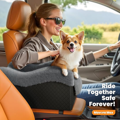 Mavora Max Portable Small Dog Seat for Car, Luxury Center Console Dog Car Seat Booster with Safety Tethers, Anti-Collapse Pet Travel Carseat for SUV, Truck (Black/Grey)