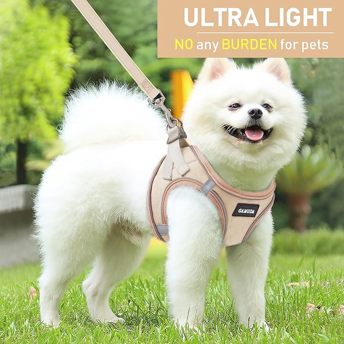 GAMUDA Small Pet Harness Collar and Leash Set, Step in No Chock No Pull Linen Fabric Soft Mesh Dog Vest Harnesses Reflective for Dogs Puppy Cats Kitten Rabbit (Khaki, M)