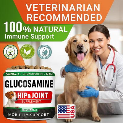 Glucosamine Treats for Dogs - Joint Supplement w/Omega-3 Fish Oil - Chondroitin, MSM - Advanced Mobility Chews - Joint Pain Relief - Hip & Joint Care - Hickory Bacon Flavor - 240 Ct - Made in USA