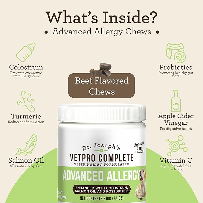 VetPro Complete Dr. Joseph's Advanced Allergy and Itch Support for Dogs, 60 Count, Supports Seasonal Allergies, Itchy Skin, & Immunity, Enhanced with Salmon Oil, Probiotics & Colostrum