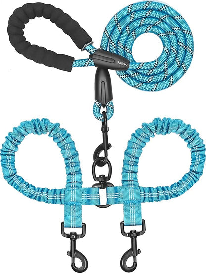 iYoShop Dual Dog Leash - 360° Swivel, No Tangle Walking Leash with Shock Absorbing Bungee for Two Dogs (Medium, 8-35 lbs, Blue)
