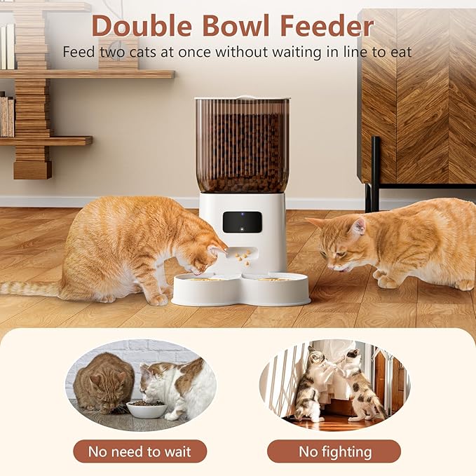 Gzenlos Cat Feeder Automatic, Automatic Cat Feeder WiFi with Remote Feeding Cat Food Dispenser for 2 Cats, 5L Pets Timed Automatic Feeders with Dual Power Supply