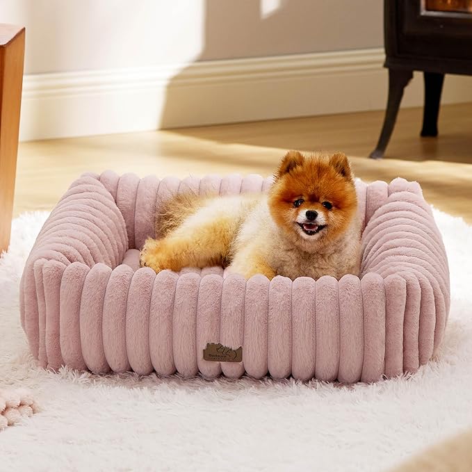Bedsure ComfyFleece Washable Dog Bed for Medium Dogs - Cute Furry Puppy Beds, Rectangle Orthopedic Corduroy Fleece Pet Beds with Removable Zipper Cover, 30x24x8inches, Blush Pink