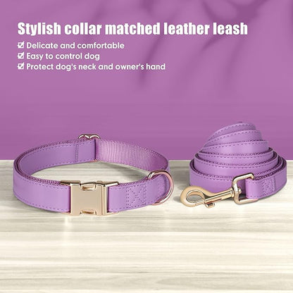 PET ARTIST Soft PU Leather Dog Collar and Leash Set, Bright & Stylish 5FT PU Leather Leash and Collar Set, Durable Pet Collars with Quick Release Metal Buckle for Large Dogs,Purple,L(16-27")