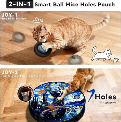 KiwiLove Interactive Cat Toy with Motion Activated Ball & 7-Hole Play Mat, Hide and Seek Exercise Game for Indoor Cats, Automatic Moving Cat Ball in Pouch, Rechargeable Kitten Toys