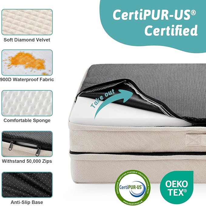 COZY KISS Orthopedic Dog Bed for Large Size Dog, XL Dogs Crate Bed, L Shaped Foam Anti-Slip Bottom Pet Cat Sofa with Washable Removable Cover, Suitable for Pet Up to 100 lbs, 44x32x7 inch, Beige
