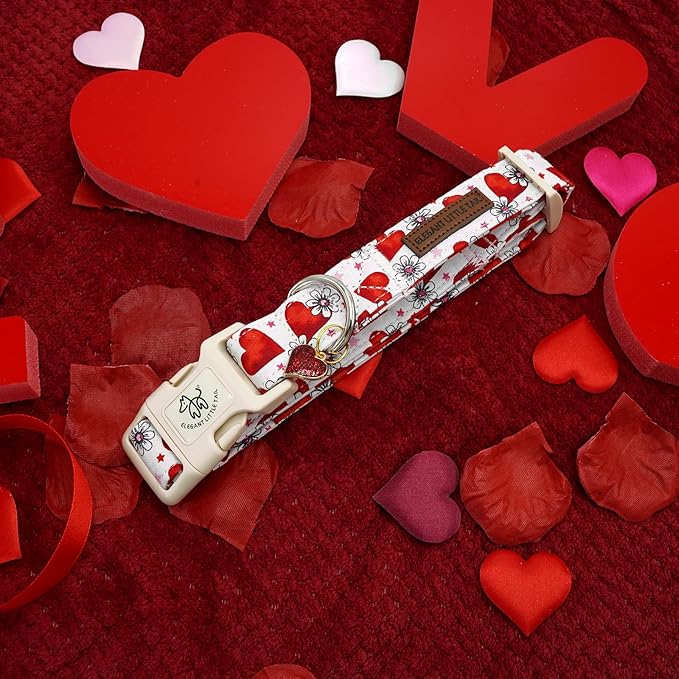 Elegant little tail Valentine's Dog Collar, Flower Pink Heart Dog Collar for Small Dogs, Female or Male Adjustable Cotton Pet Collar with Quick Release Buckle for Small Medium Large Dogs