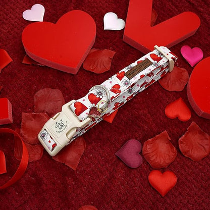 Elegant little tail Valentine's Dog Collar, Flower Pink Heart Dog Collar for Small Dogs, Female or Male Adjustable Cotton Pet Collar with Quick Release Buckle for Small Medium Large Dogs