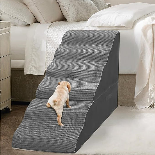 MALOROY Dog Stairs for High Beds 30-36 inches Tall, 6-Step Dog Steps for Bed 32-36 inches for Small Large Dogs, Doggie Ramp for Bed, 30D Foam Pet Stairs for Old Dogs/Cats, Free-Installation, Grey