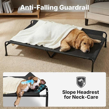 Veehoo Outdoor Elevated Dog Bed, 53" XXL Raised Dog Bed with Headrest Sides, Washable Cooling Dog Cot with Non-Skid Feet, Breathable Mesh, Portable Pet Hammock for Indoor or Camping, Black