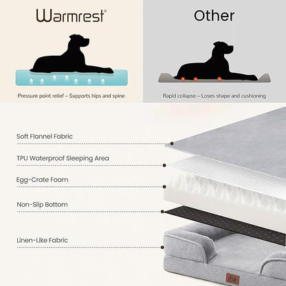 Warmrest Orthopedic Dog Beds for Large Dogs, Waterproof XL Pet Couch Bed with Soft Sides, Washable Dog Sofa with Flannel Removable Cover, 42" L Supportive Egg-Crate Foam Pet Sofa, Light Grey