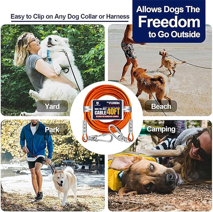 Tie Out Cable for Dogs Up to 300lbs,40ft Extra Strong 1000lbs Break Strength Tie-Out Tether Trolley Training Lead,Dog Run Cable for Yard Garden Park Camping Outside (Orange, 300lbs 40ft)