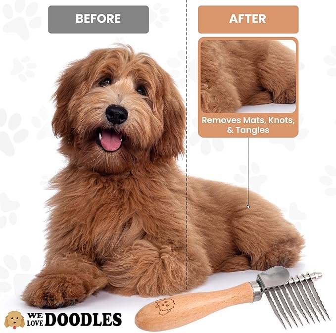 We Love Doodles Dog Dematting Brush & Rake, Detangler Brush for Dogs, Comb Tool for Grooming, Best for Doodles, Poodles, Goldendoodles, Cats & Other Pets, Matted Fur Removal On Undercoat, Small