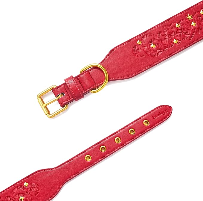 Blueberry Pet Premium Embossed Red Glam Silver-Powered Freshness Microfiber Leather Dog Collar with Gold Studs
