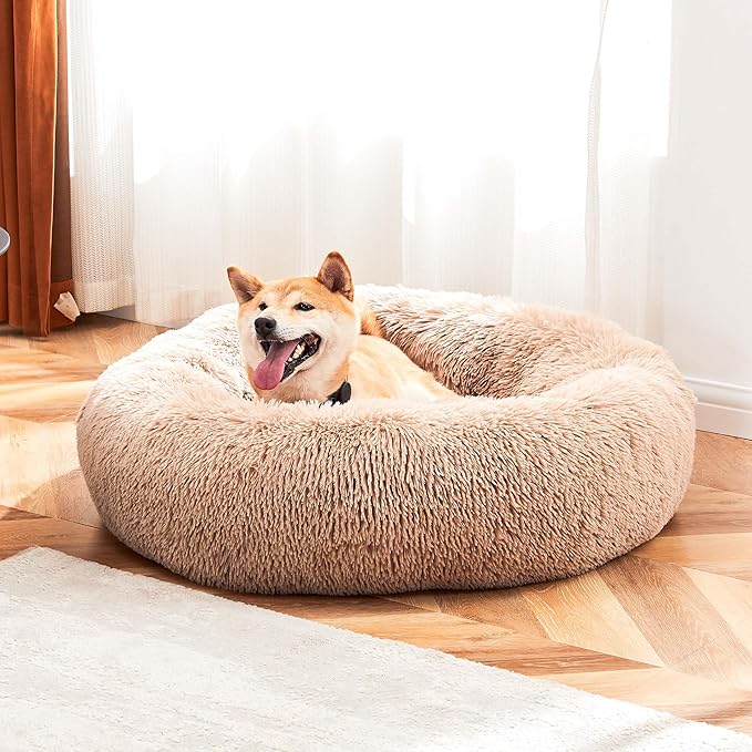 NEWBULIG 37.4x37.4 Inch Dog Bed Large Sized Dog, Donut Shape Cat Beds for Indoor Cats with Washable, Anti-Slip, Faux Fur