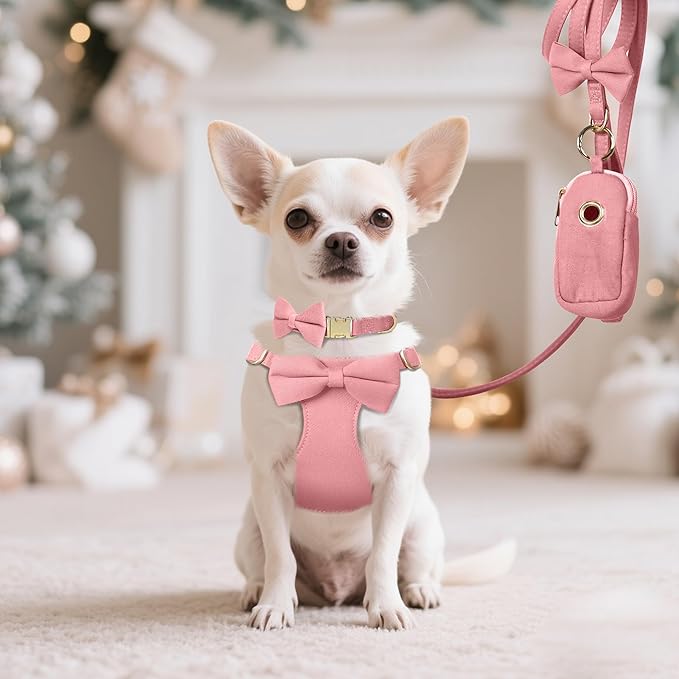 Beirui Adorable Small Dog Harness Collar and Leash Set,Cute XXS Puppy Harness Set with 3 Bows for Tiny Dogs,Chihuahua,Adjustable Step-in Vest for Daily Walking,Parties&Holiday Outfits(Pink,XXS)