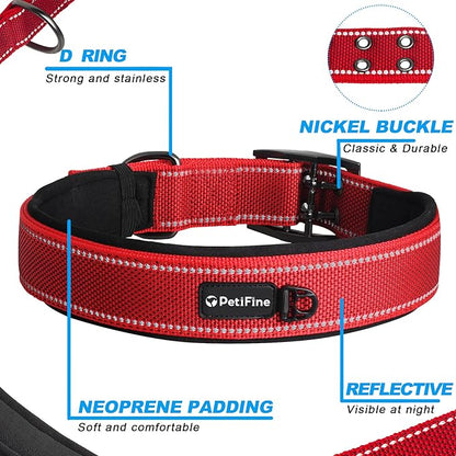 PetiFine Dog Collar for Large Dogs, Neoprene Padded and Adjustable, Reflective Wide Heavy Duty Pet Collars with Durable Metal Belt Buckle for Walking, Red, XL