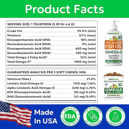 BARK&SPARK Omega 3 + Fish Oil for Dogs - Skin Allergy Chews, Itch Relief, Hot Spots Treatment - Fish Oil Liquid Supplement for Pets, EPA+DHA Fatty Acids, Skin & Coat Support - Bundle: 180 Ct + 16 Oz