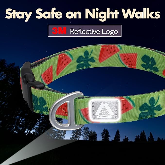Heavy Duty Dog Collar, Durable Summer Watermelon Print Adjustable Collar with Aluminum D-Ring, Reflective Logo & Soft Padding Fits for Large Breed Dogs, Neck Size 16’’-25’’ (Watermelon, L)