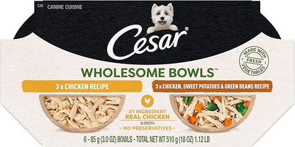 Cesar Wholesome Bowls Adult Wet Dog Food, Chicken Recipe and Chicken, Sweet Potatoes & Green Beans Recipe Variety Pack, Wet Food for Dogs, 3 Oz. Bowls, 6 Count