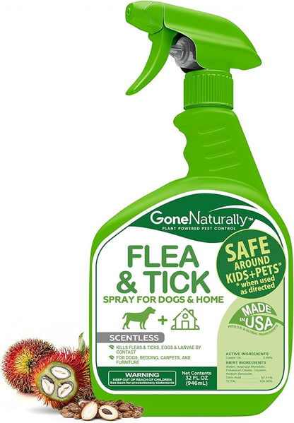 GoneNaturally Flea and Tick Spray for Dogs & Home– Natural Flea and Tick Prevention for Dogs– Bed Bug Spray & Multi-Insect Killer– Scentless Plant-Based Formula Kills on Contact (32 oz)