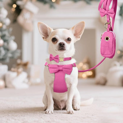Beirui Adorable Small Dog Harness Collar and Leash Set,Cute XXS Puppy Harness Set with 3 Bows for Tiny Dogs,Chihuahua,Adjustable Step-in Vest for Daily Walking,Parties&Holiday Outfits(Hot Pink,XXS)