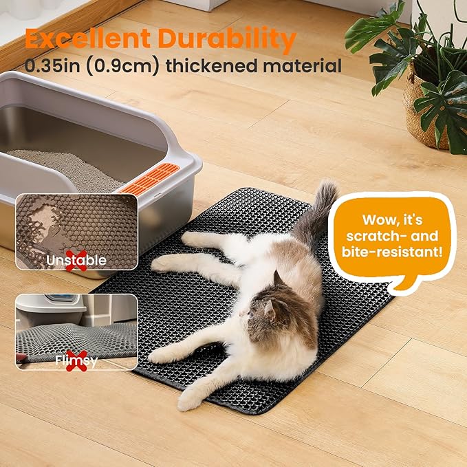 Petinstinct Extra Large Cat Litter Mat, 30x22 Inches Honeycomb Double Layer Cat Litter Trapping Mat, Non Slip Waterproof Urine Proof Large Kitty Litter Box Mat for Floor, Kitten Supplies, XL, Black