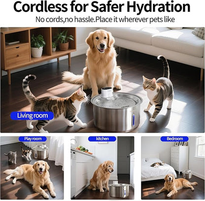 2.8Gal/11L Cordless Dog Water Fountain for Large Dogs, Petsamuse 5000mAh Battery Operated Stainless Steel Dog Fountain Water Bowl with 2 Quiet Pumps Wireless Pet Water Fountain with 15 Filters