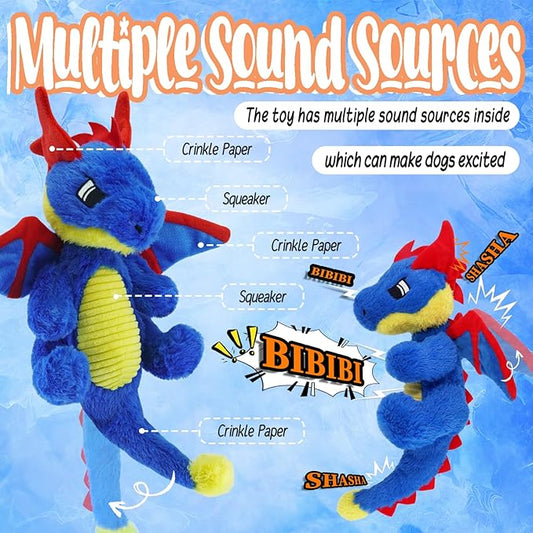 Original Blue Dinosaur Dog Toy - Soft Plush Dog Toys for Small Medium Large Dogs（13.78''） - Cute Dog Squeak Toys with 5 Crinckle Papers & 2 Squeakers