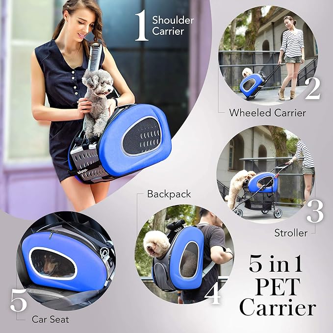 5-in-1 Pet Carrier with Backpack, Pet Carrier Stroller, Shoulder Strap, Carriers with Wheels for Dogs and Cats - Blue