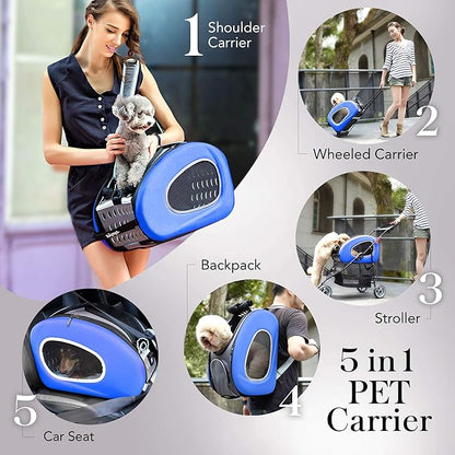 5-in-1 Pet Carrier with Backpack, Pet Carrier Stroller, Shoulder Strap, Carriers with Wheels for Dogs and Cats - Blue