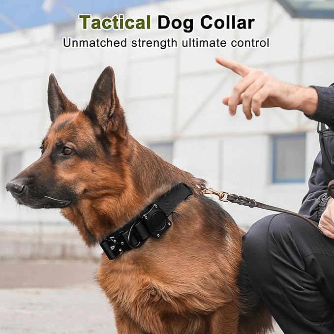 Dog Collar, Waterproof Tactical Dog Collar with Control Handle and Zinc Alloy Buckle, Pet Collar for AirTag, Medium Large Dogs, Medium, Black (Includes Screwdriver Accessories)