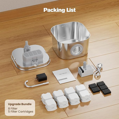 HOOISE Cat Water Fountain with 8 Filters + 5 Sponges,Small Pet Waterer Dispenser Fountains for Drinking Cats Indoor Metal Automatic Waterer Bowl 24/7 Running Auto Kitty Watering Supplies Quiet Pump